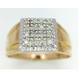 9K YELLOW GOLD DIAMOND SET RING, WITH APPROX 0.20CT DIAMONDS SQUARE FACE, WEIGHT 2.7G SIZE V