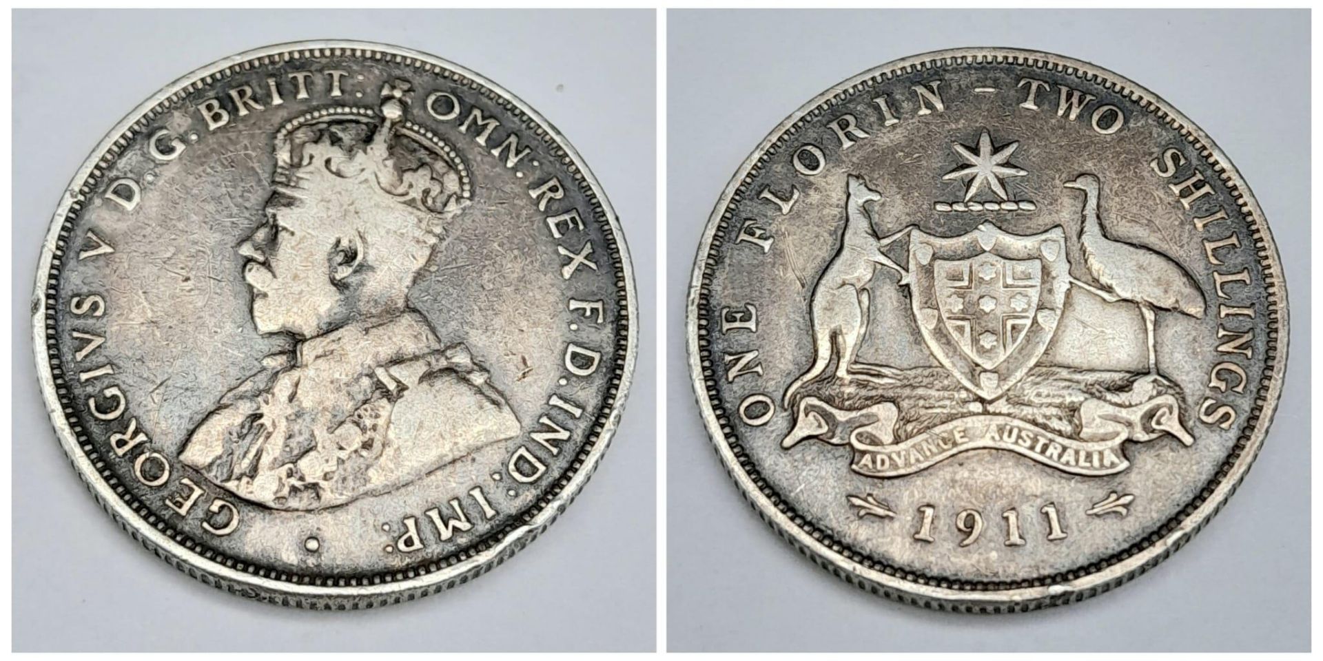 A Scarce 1911 Australian Florin Silver Coin. KM27.