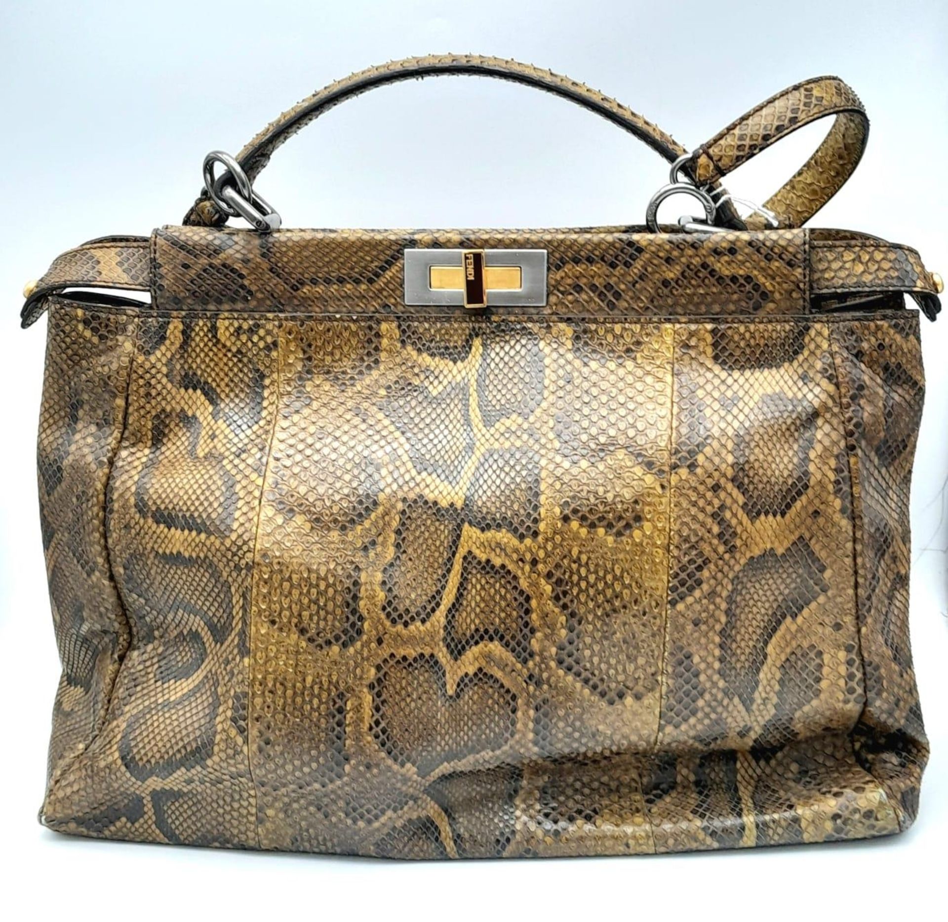 A Large Fendi Brown Python Peekaboo Handle Bag. Come with an internal zipped pocket and double - Image 3 of 7