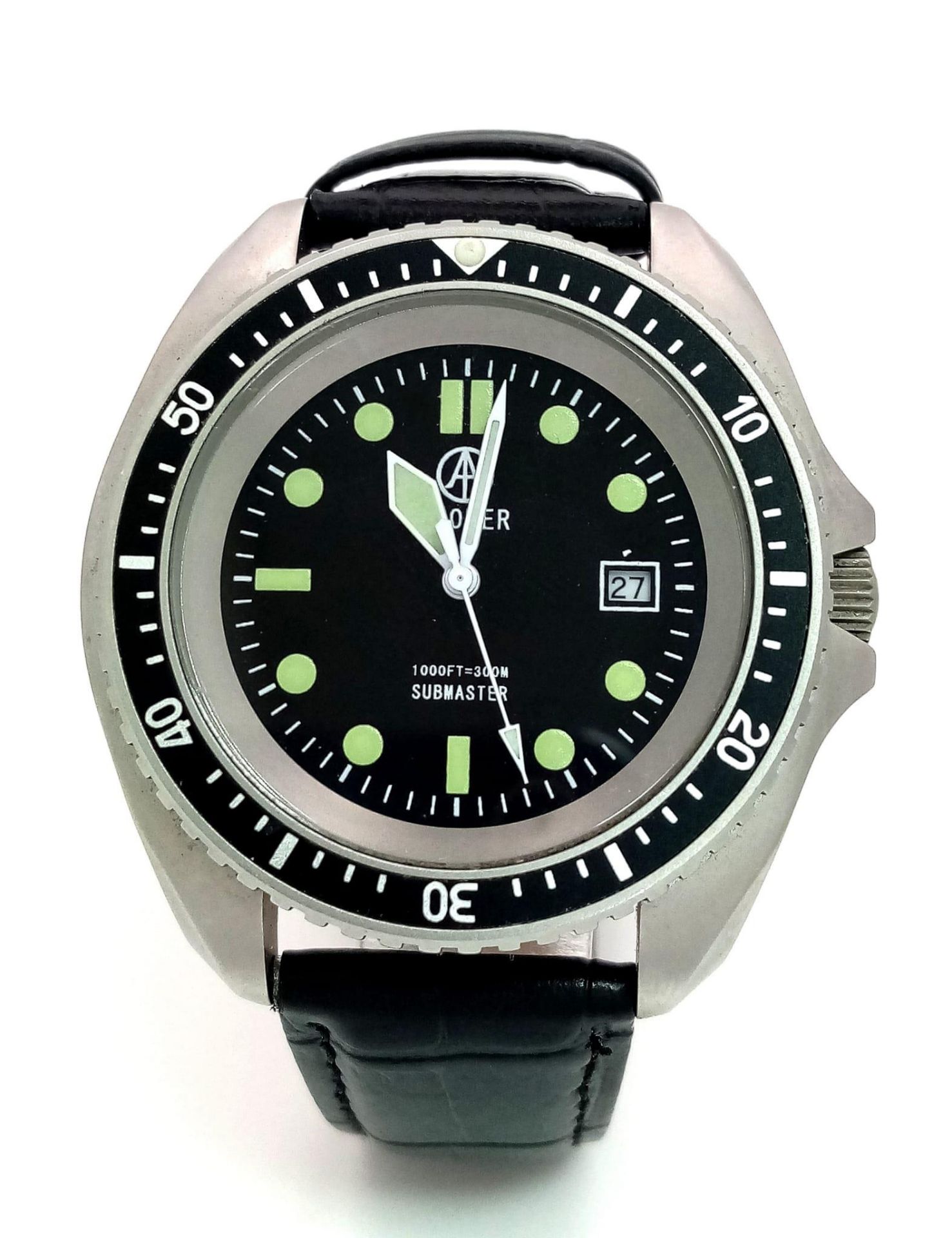 A Cooper Submaster Quartz Divers Watch. Black leather strap. Stainless steel case - 43mm. Black dial