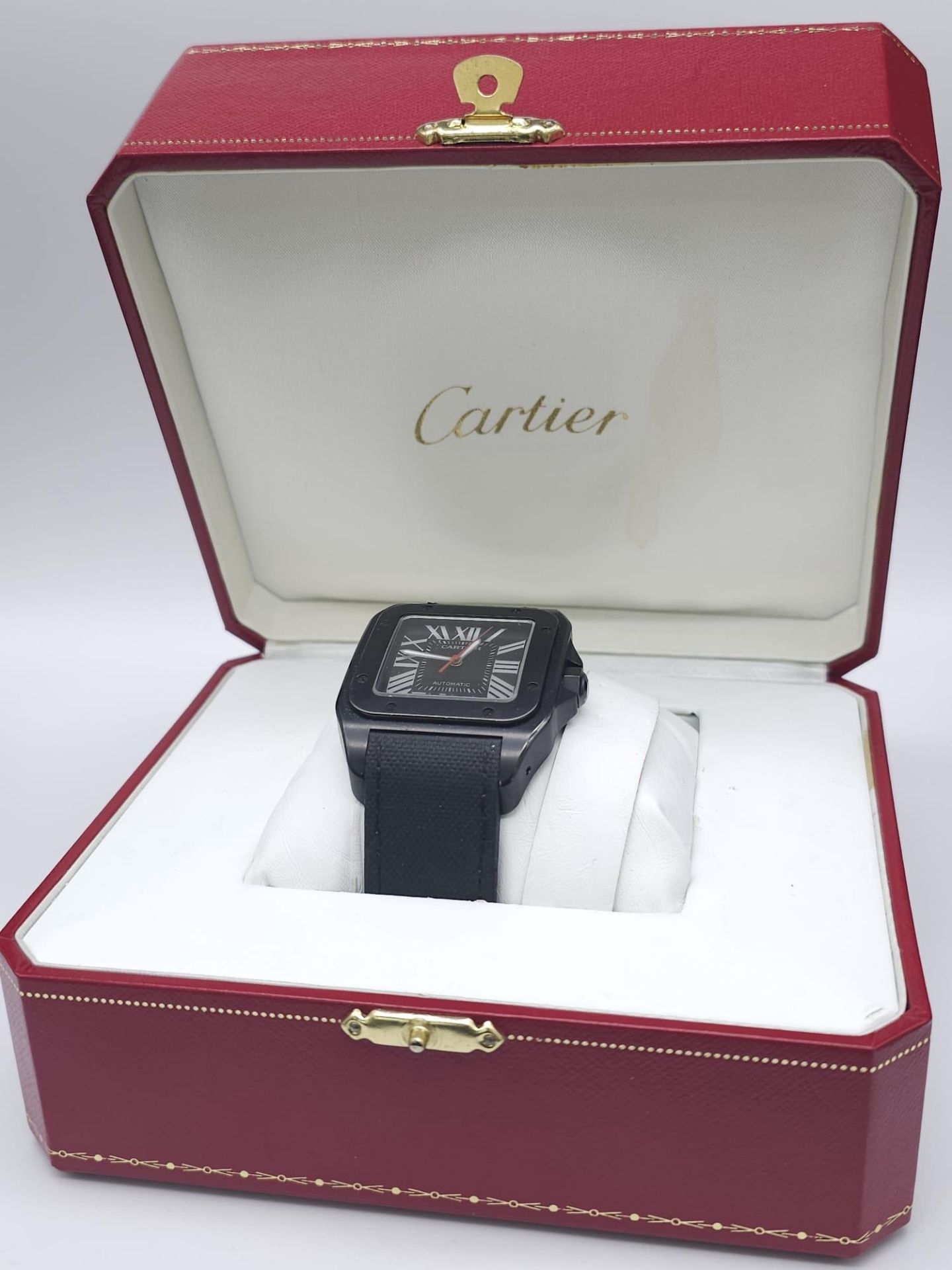 A Stylish Cartier Santos 100 Automatic Gents Watch. Leather and textile strap. Black stainless steel - Image 11 of 12
