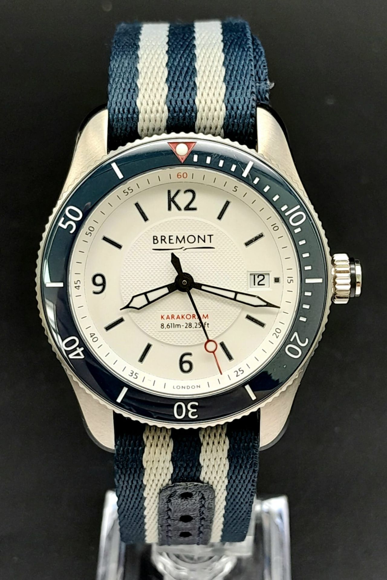 A Bremont Supermarine Karakoram Gents Watch. Striped textile Bremont strap. Stainless steel case -