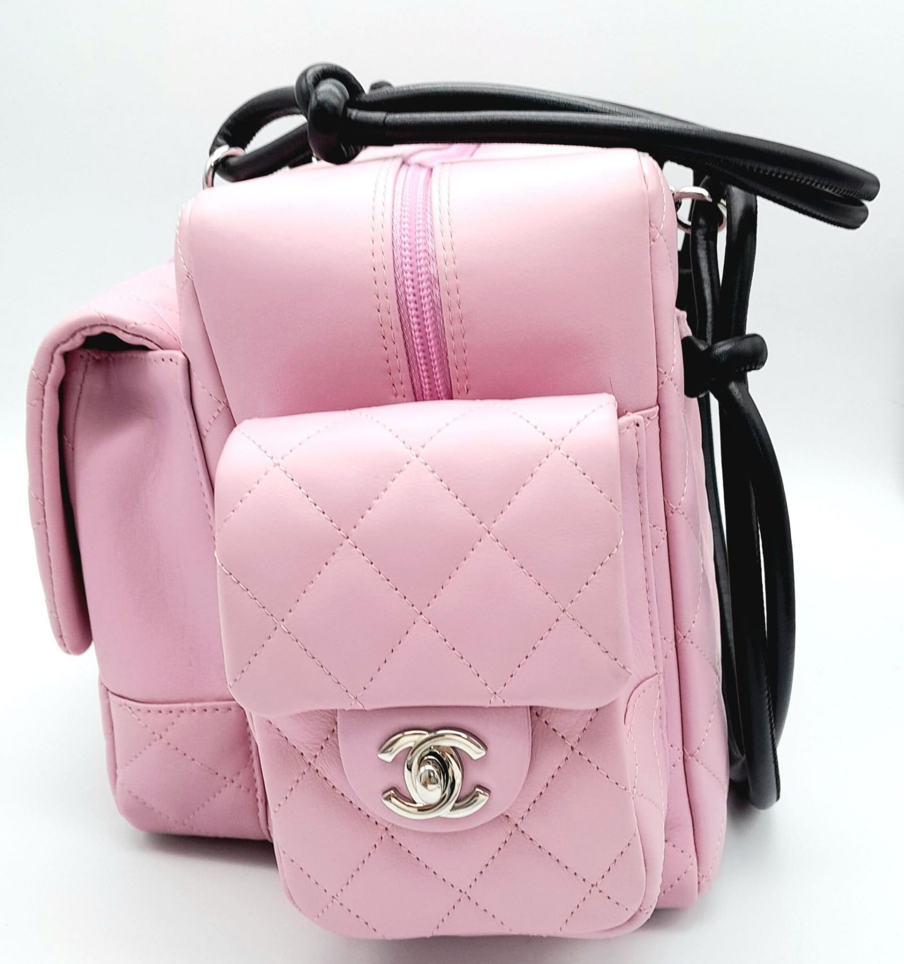 A Chanel Cambon Reporter Barbie Pink Leather Handbag. Quilted pink leather exterior with silver-tone - Image 4 of 14