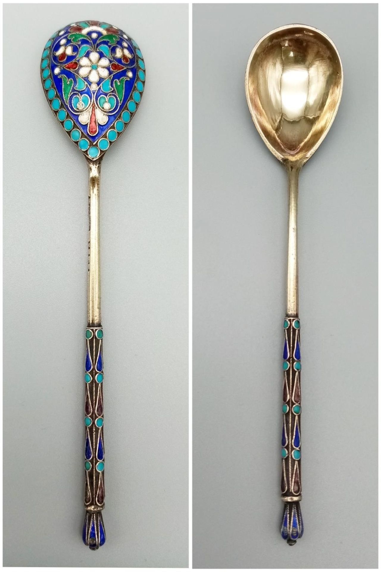 Six silver gilt Russian cloisonné enamel decorated teaspoons with original case. A beautiful set - Bild 10 aus 10