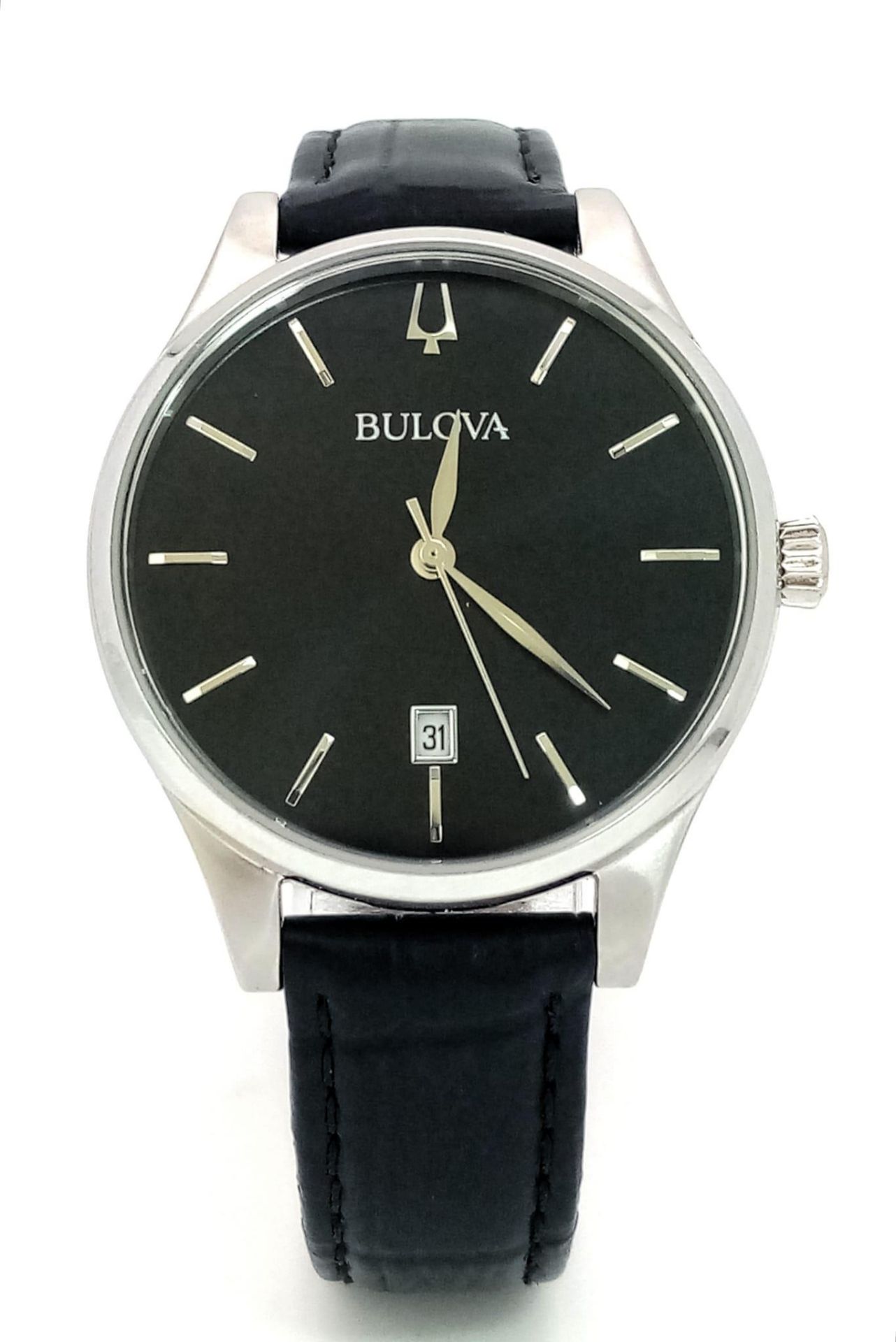 A Classic Bulova Quartz Unisex Watch. Black leather strap. Stainless steel case - 36mm. Black dial - Image 2 of 6
