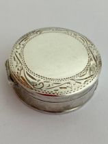 Vintage SILVER PILL BOX Circular form with attractive chased design to lid. Full hallmark to base.