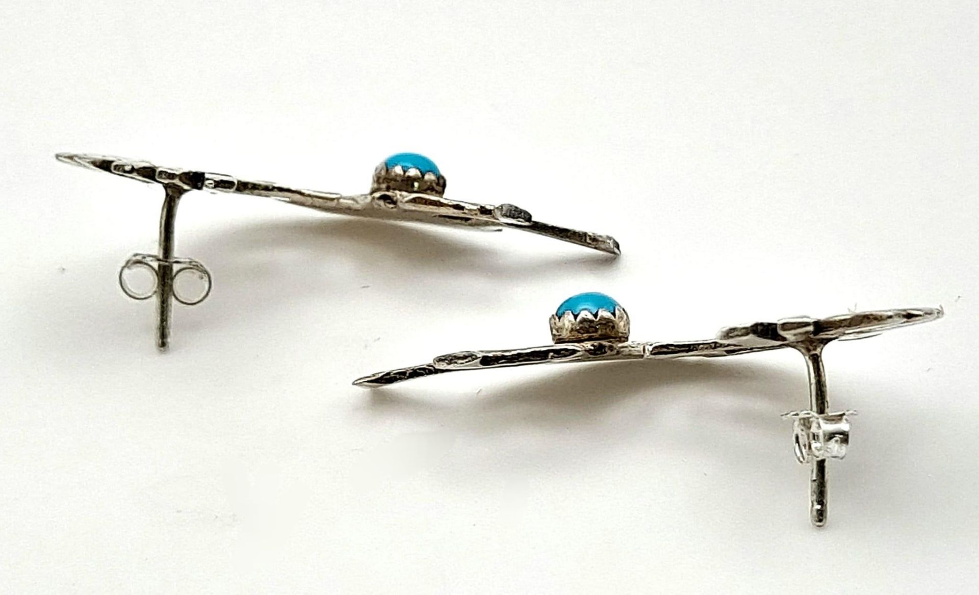 Scarce Vintage Sterling Silver and Turquoise Cabochon Set Kokopelli Navajo Stud Earrings. 3.2cm - Bild 2 aus 4