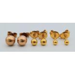 Three Pairs of 9K Yellow Gold Ball Stud Earrings. 2.34g total weight.