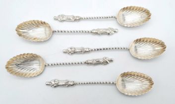 A Set of Five 1878/1879 Hallmarked Silver Apostle Spoons. 10cm Lengths. Gross Weight 37.39 Grams.