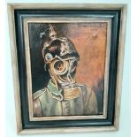 Oil Painting on Wood of a WW1 Bavarian Soldier wearing a gas mask. Artist unknown.