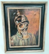 Oil Painting on Wood of a WW1 Bavarian Soldier wearing a gas mask. Artist unknown.