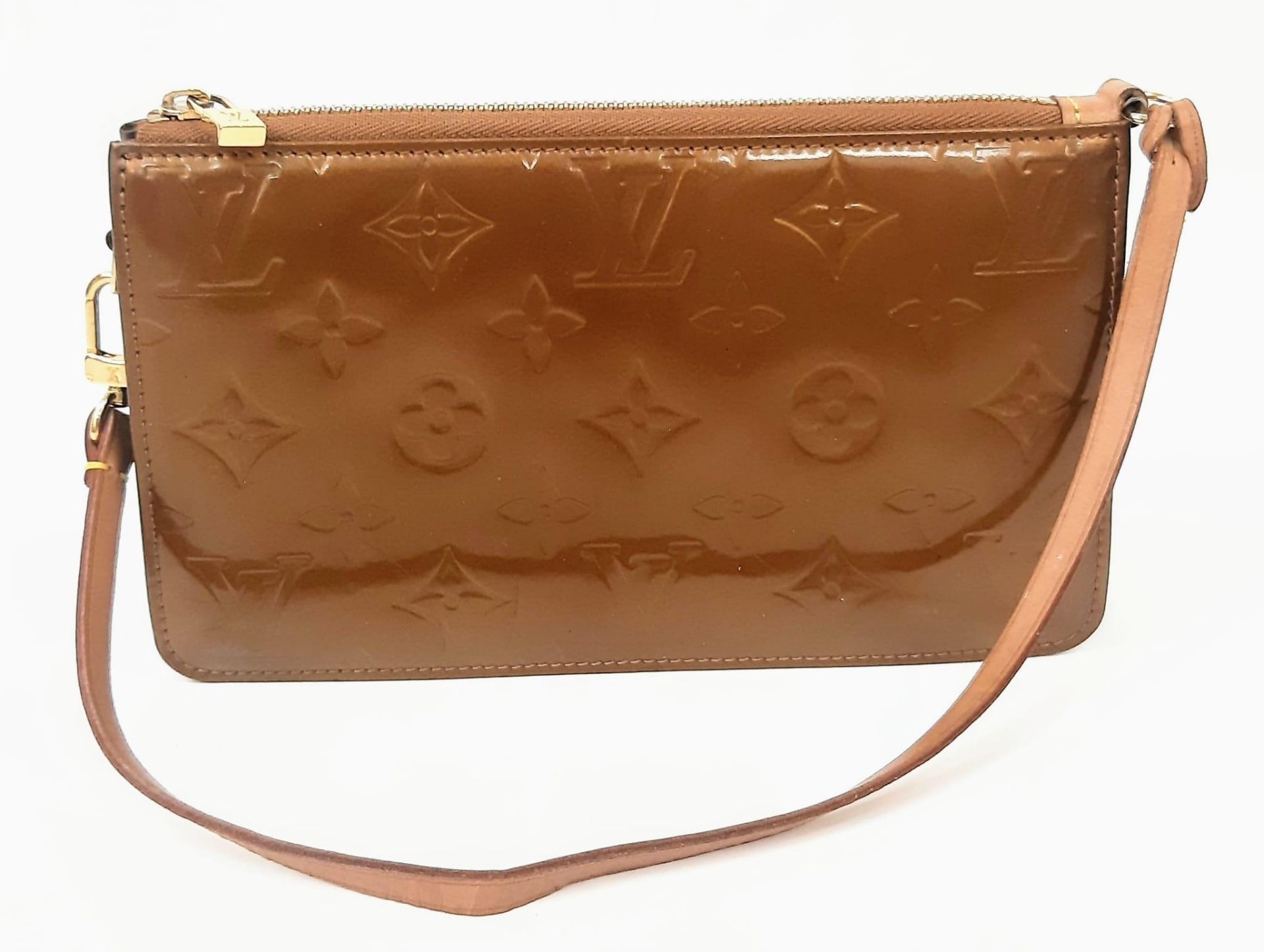 A Louis Vuitton Vernis Pochette Shoulder Bag in Copper, Emboss LV Detailing, Dark Tan Leather Strap.