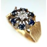 9k yellow gold diamond and sapphire vintage ring, size L, weight 3.5g (dia:0.02ct/sapp:0.30ct)