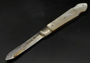 An Antique Sterling Silver Fruit Knife With Mother of Pearl Handle. Hallmarks for Sheffield 1923.