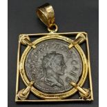 An Ancient Roman Rare Coin Pendant set in 18K Yellow gold - with Old Dealer's Ticket. 4.16 Ct. 10.