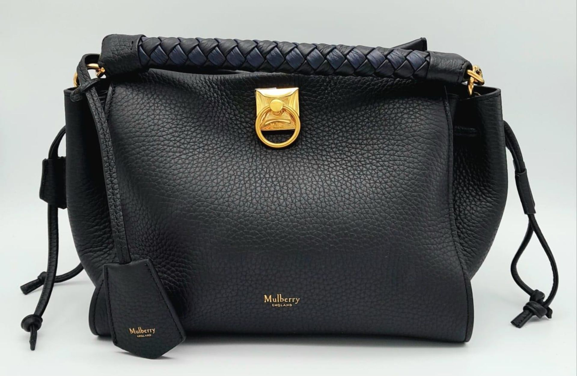 The Mulberry Midnight-Black Iris small Shoulder bag. Braided top handle, detachable fob with foil-