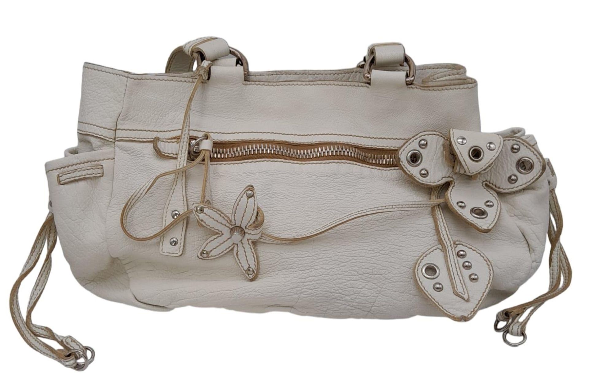 A Miu Miu White Leather Handbag. Ruffled white leather exterior with zipped pocket. Silver-tone - Image 2 of 8