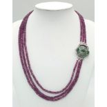 A 230ct Three-Row Ruby Gemstone Necklace with Designer Emerald Clasp. Set in 925 Silver. Clasp