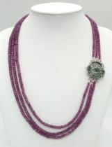 A 230ct Three-Row Ruby Gemstone Necklace with Designer Emerald Clasp. Set in 925 Silver. Clasp