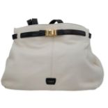 A Jaeger White Leather Handbag. White leather exterior with black leather belt closure and