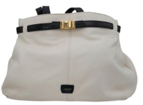 A Jaeger White Leather Handbag. White leather exterior with black leather belt closure and