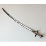 An Indian Talwar Sword with Koftgari Style Handle and Detailed Etching of a Hunting Scene on the