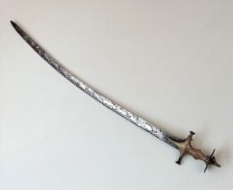 An Indian Talwar Sword with Koftgari Style Handle and Detailed Etching of a Hunting Scene on the
