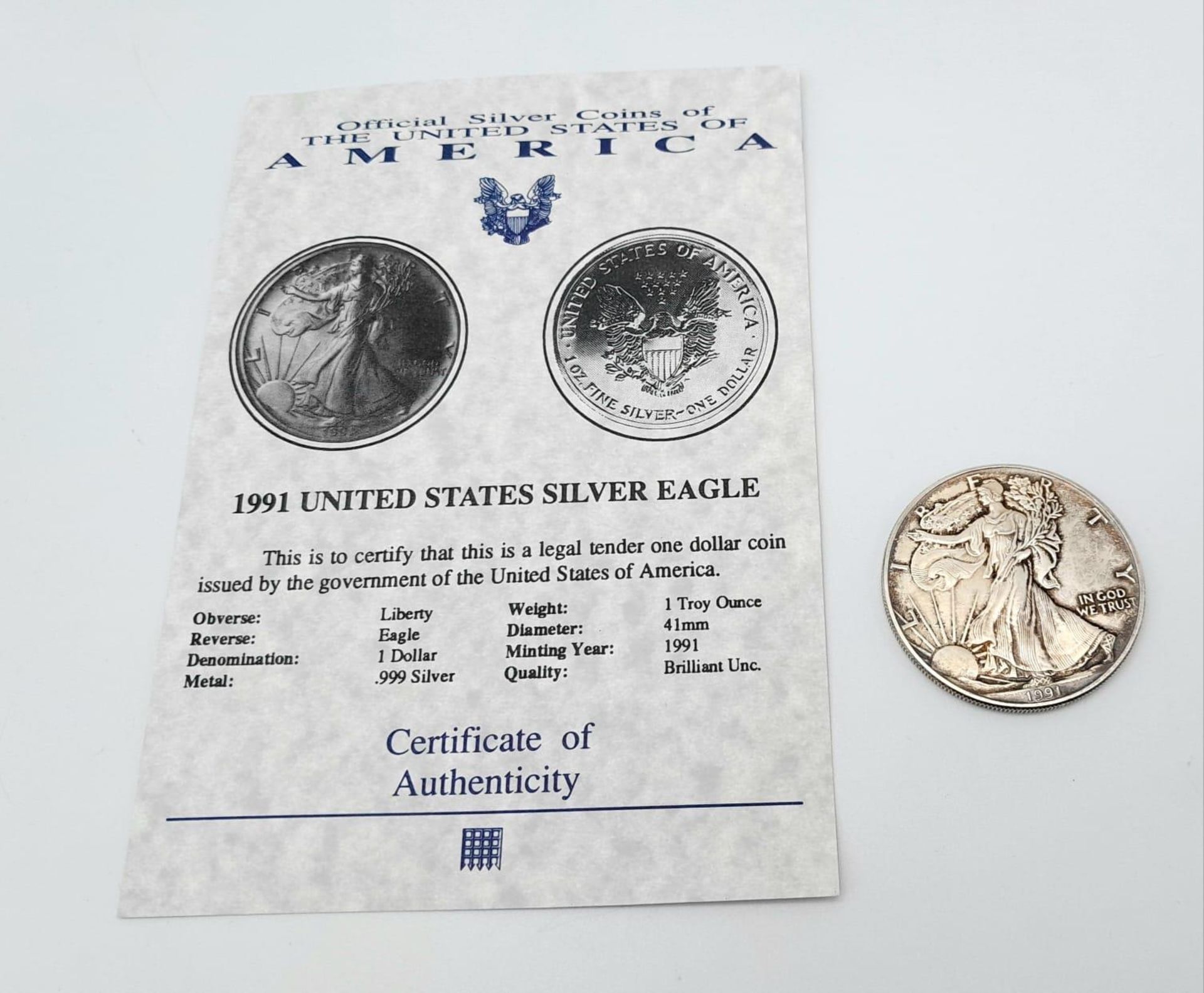 An Uncirculated Mint State Condition 1991 United States Silver Eagle. 31.37 Grams Fine .999 - Image 4 of 5