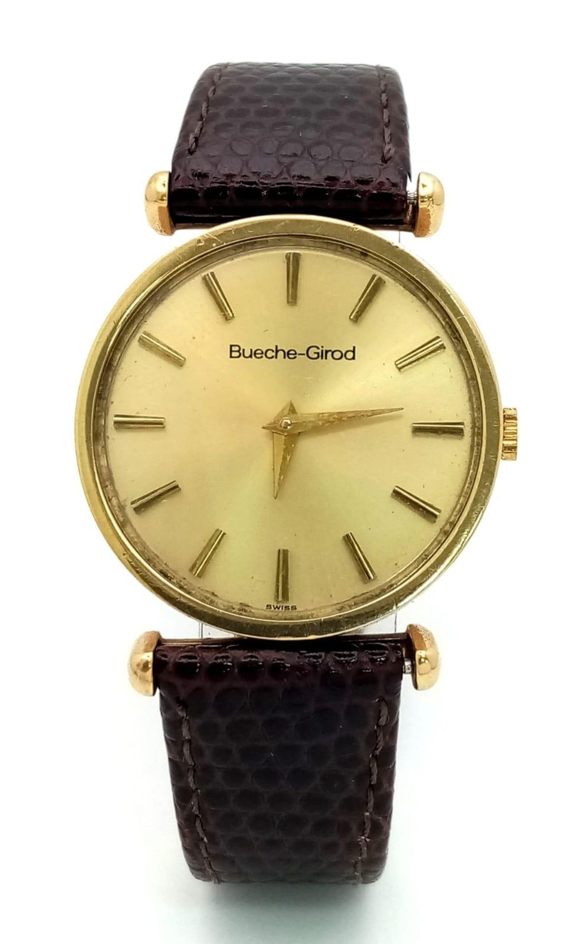 A Vintage 1970’s Rare Bueche-Girod 9 Carat Gold Men’s Manual Wind Watch. 32mm Wide Including