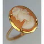 A Vintage 9 Carat Gold Cameo Set Ring, Size P. Crown Measures 1.6cm Length and the Ring Weighs 2.