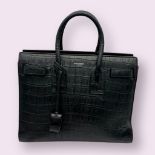 A Saint Laurent Sac de Jour Black Leather Tote Bag. Textured crocodile embossed black leather