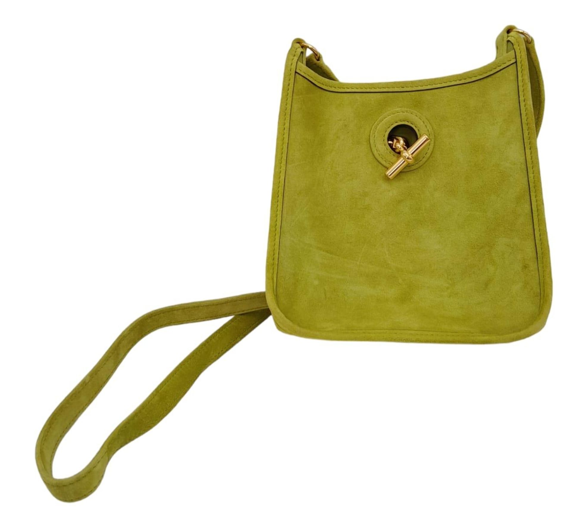 A Vintage Hermes Green Suede Shoulder Bag. Olive green suede exterior with gold-tone furniture. - Image 2 of 8