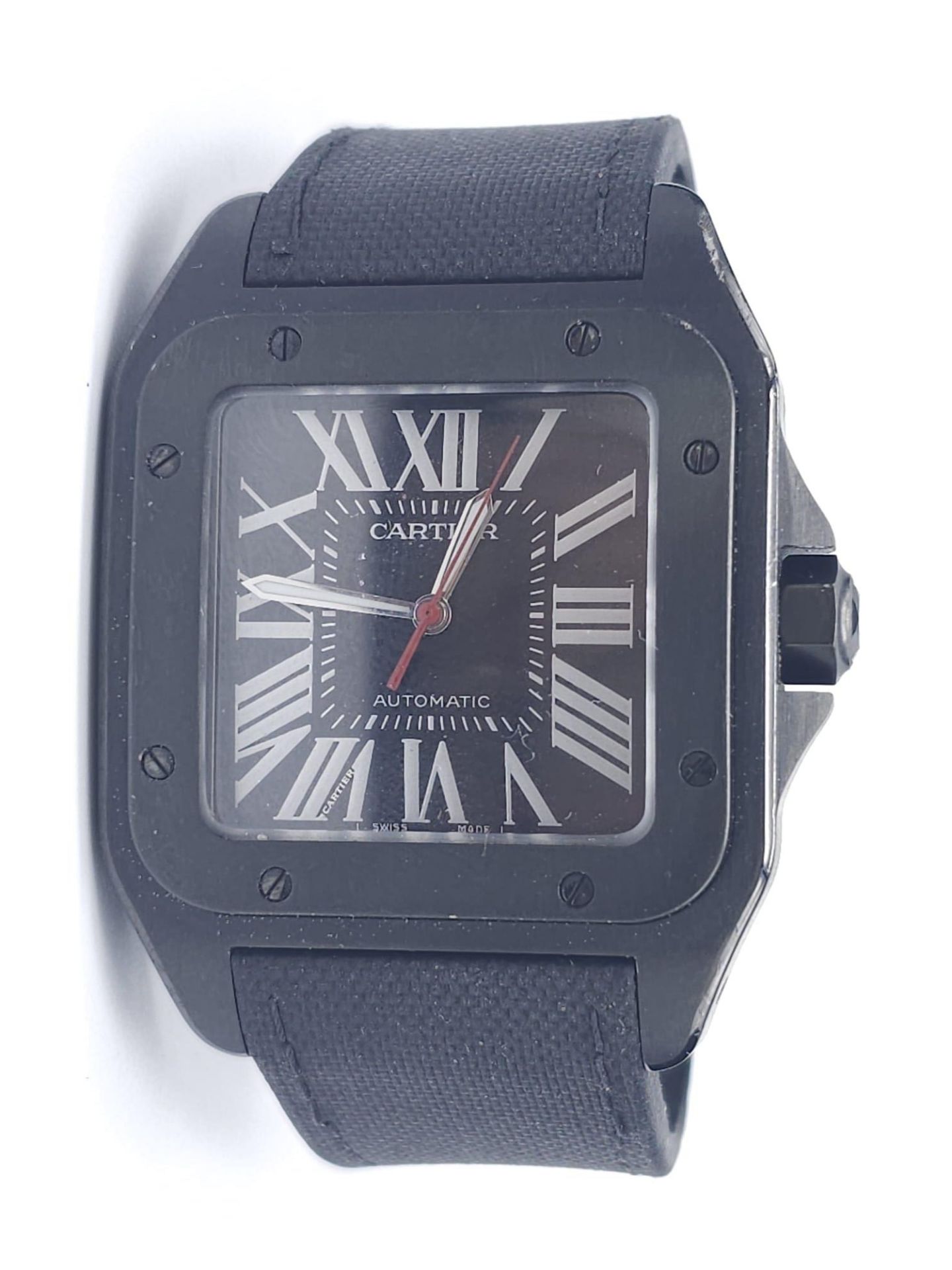 A Stylish Cartier Santos 100 Automatic Gents Watch. Leather and textile strap. Black stainless steel - Image 3 of 12
