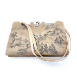 An Antique Hand-Painted Japanese Landscape Bag. Soft fabric with ornate silver floral decoration.