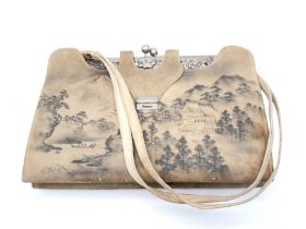 An Antique Hand-Painted Japanese Landscape Bag. Soft fabric with ornate silver floral decoration.