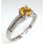 9k white gold diamond and citrine double shank ring, size M 1/2, weight 2.2g (dia:0.28ct/citrine:0.