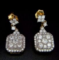 A pair of 14k yellow gold multi diamond cluster drop earrings. Diamonds - 1ct. Boxed. Ref: 6279