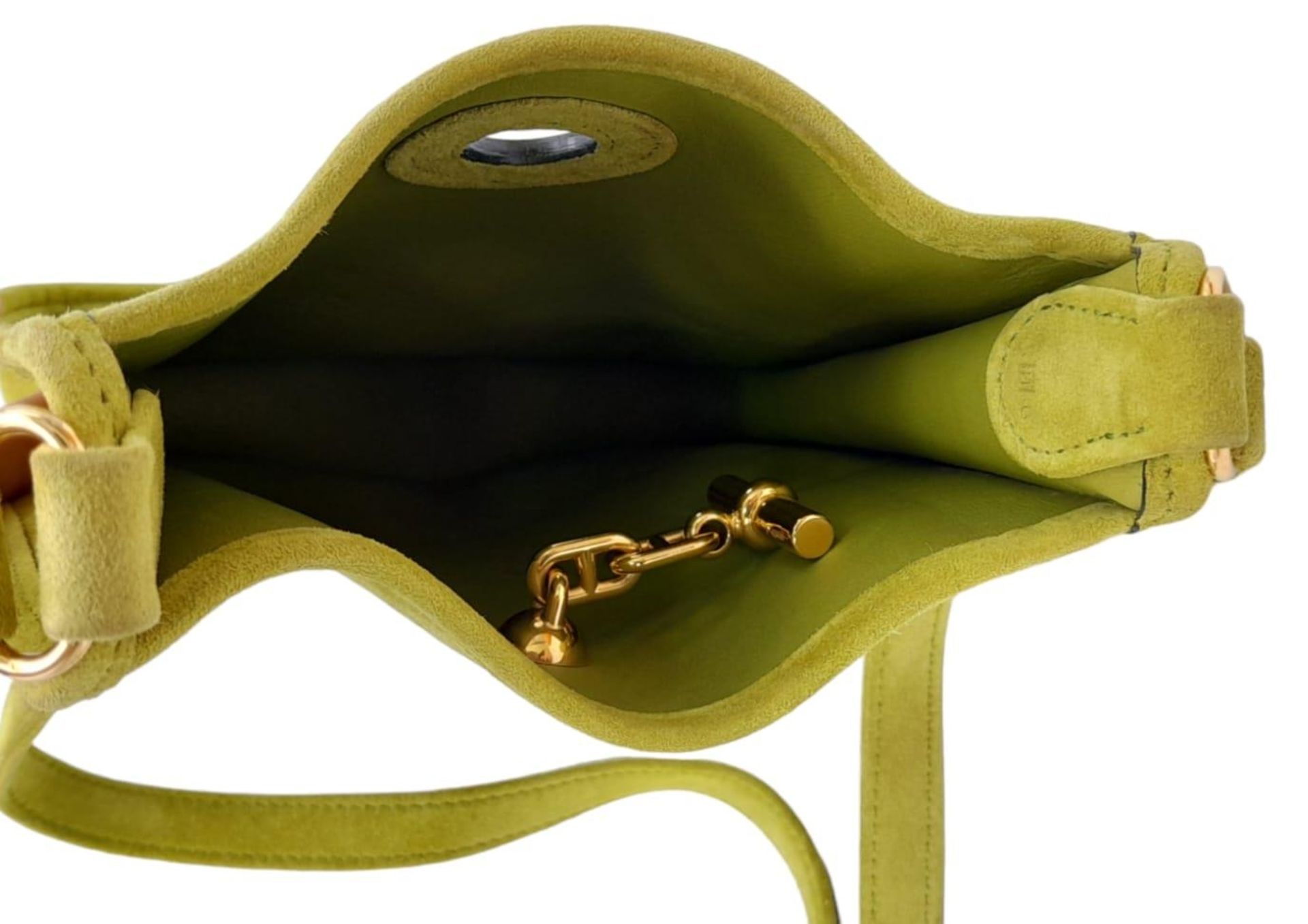 A Vintage Hermes Green Suede Shoulder Bag. Olive green suede exterior with gold-tone furniture. - Image 5 of 8