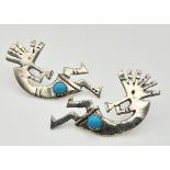 Scarce Vintage Sterling Silver and Turquoise Cabochon Set Kokopelli Navajo Stud Earrings. 3.2cm