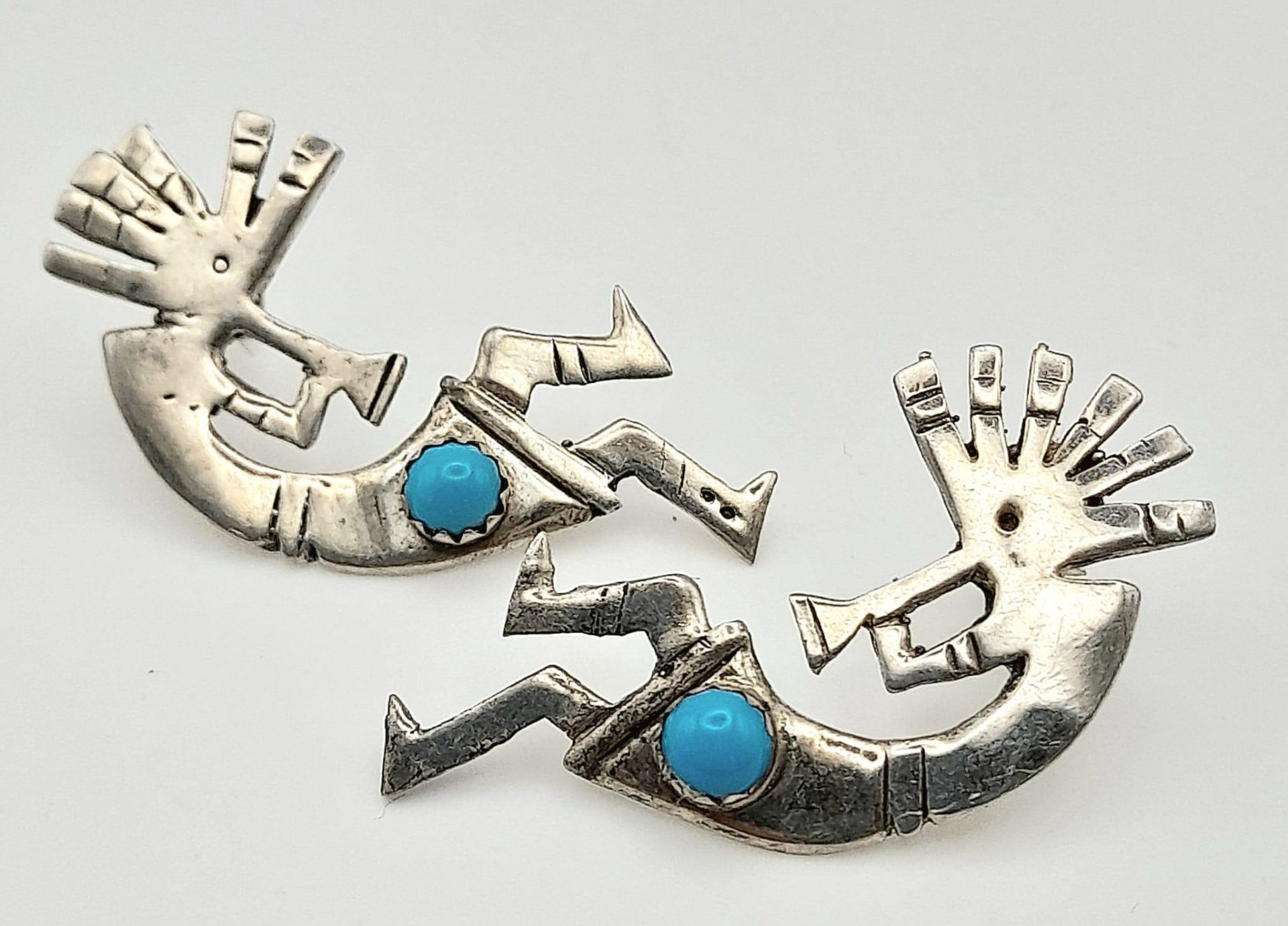 Scarce Vintage Sterling Silver and Turquoise Cabochon Set Kokopelli Navajo Stud Earrings. 3.2cm