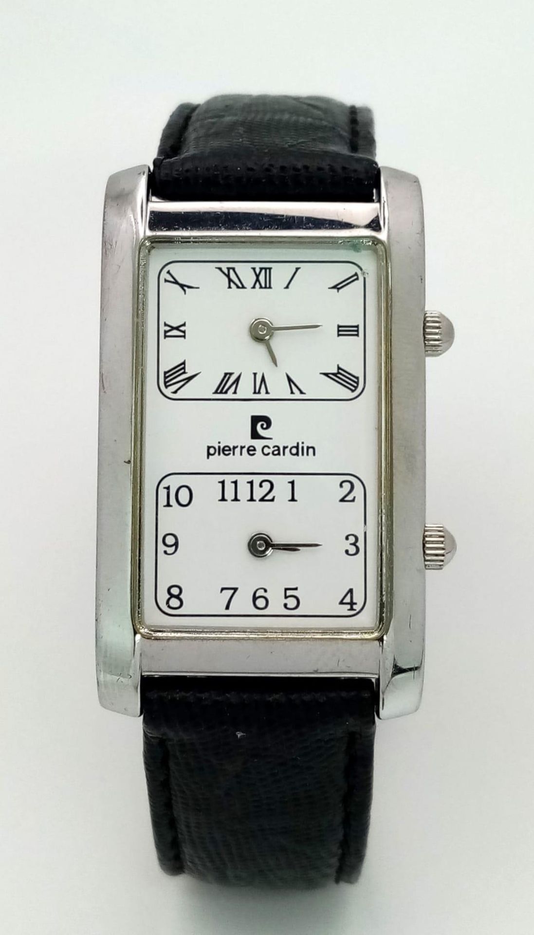 A Vintage Pierre Cardin Dual Time Quartz Watch. Black leather strap. Elongated case. In working - Image 2 of 6