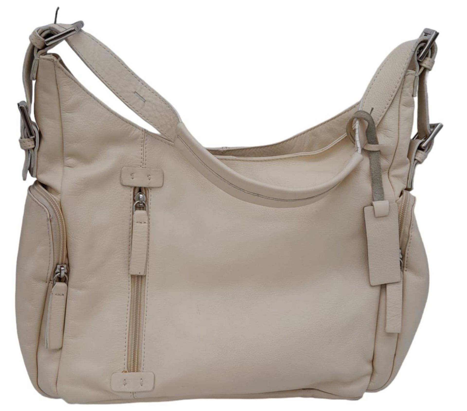 An Azure Beige Leather Handbag. Beige leather exterior with three zipped compartments. Purple - Image 3 of 8
