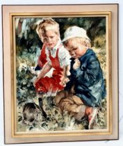 A Charles Roka Oil on Canvas - Two Children and a Rabbit. In frame - 82cm x 98cm.