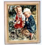 A Charles Roka Oil on Canvas - Two Children and a Rabbit. In frame - 82cm x 98cm.