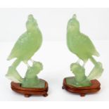 Pair of Exquisite Chinese Hand-carved Jade Bird Figurine on Wooden Base. One wooden base leg is