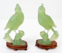 Pair of Exquisite Chinese Hand-carved Jade Bird Figurine on Wooden Base. One wooden base leg is