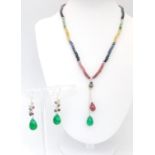 A Ruby, Emerald and Sapphire Necklace with Matching Earrings. 43.5cm necklace, 4cm drop earrings.