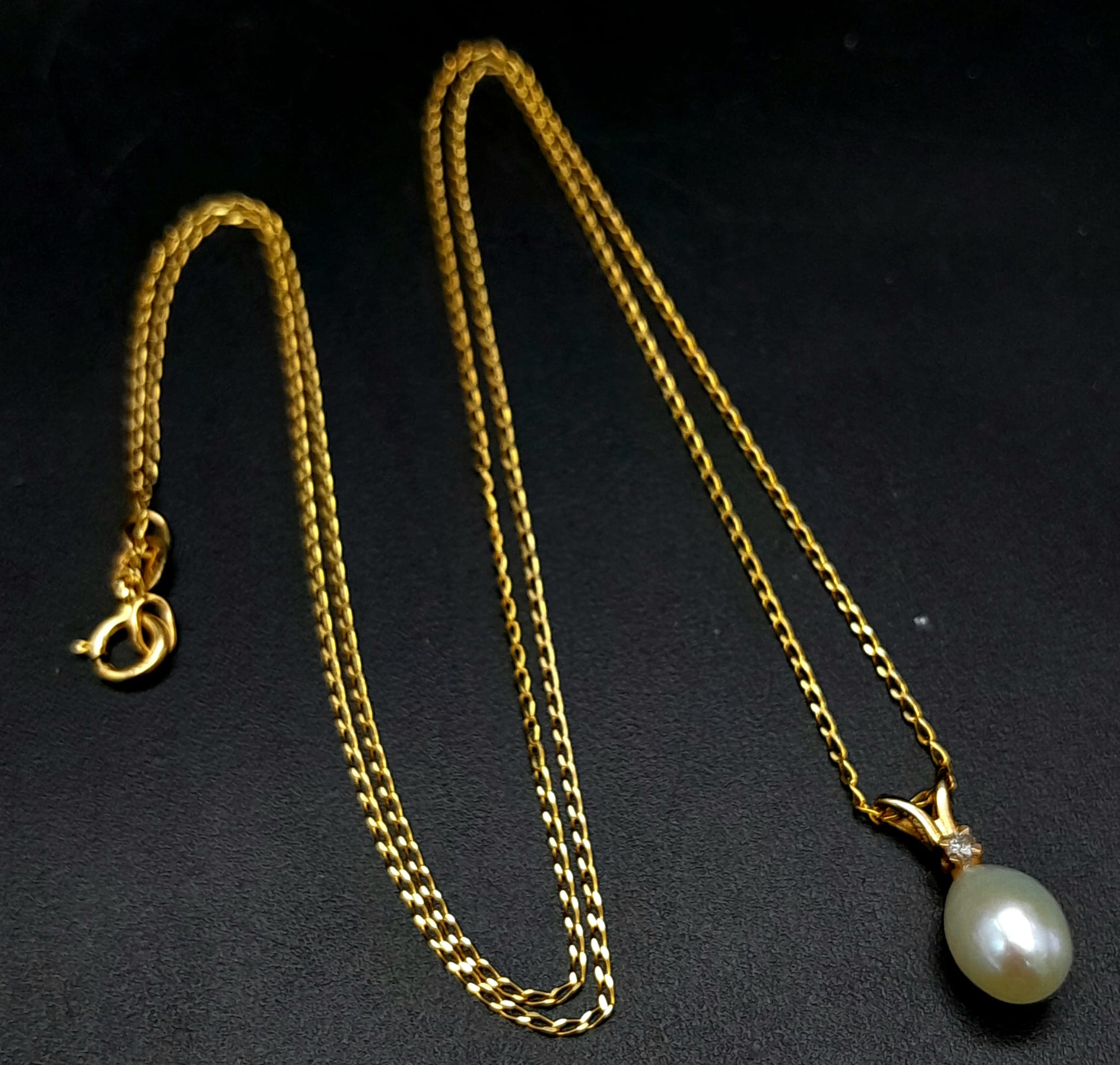 An Unworn 9 Carat Yellow Gold Pearl and Diamond Set Necklace & Matching Earrings. 46cm Length Chain, - Image 10 of 11