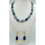 An excellent quality, unusual, large beaded, natural Kyanite necklace and earrings set with gilded