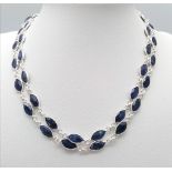 Marquise Shape Blue Sapphire and 925 Silver Chain Necklace. 76cm in length, 21g total weight.